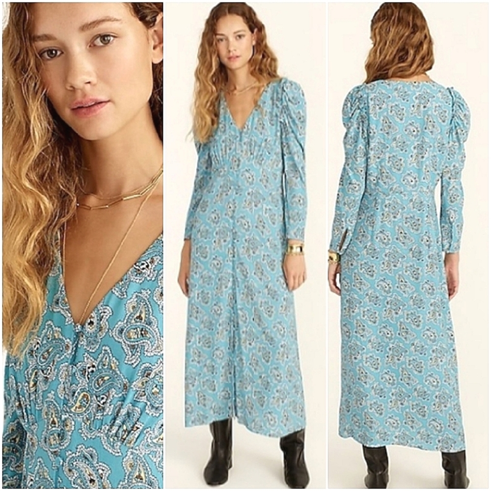 J.crew PAISLEY BUNCH DRAPEY PUFF SLEEVE Farm house MIDI DRESS new with tag